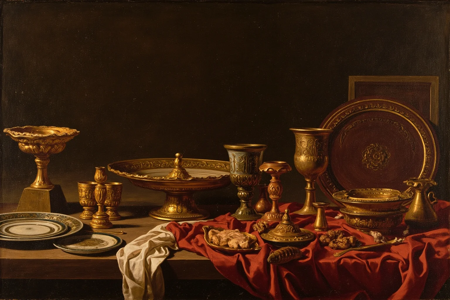 The Strange History Of The Poison Apple 15 An ancient Roman banquet scene with goblets and dishes, painted in a dramatic historical style