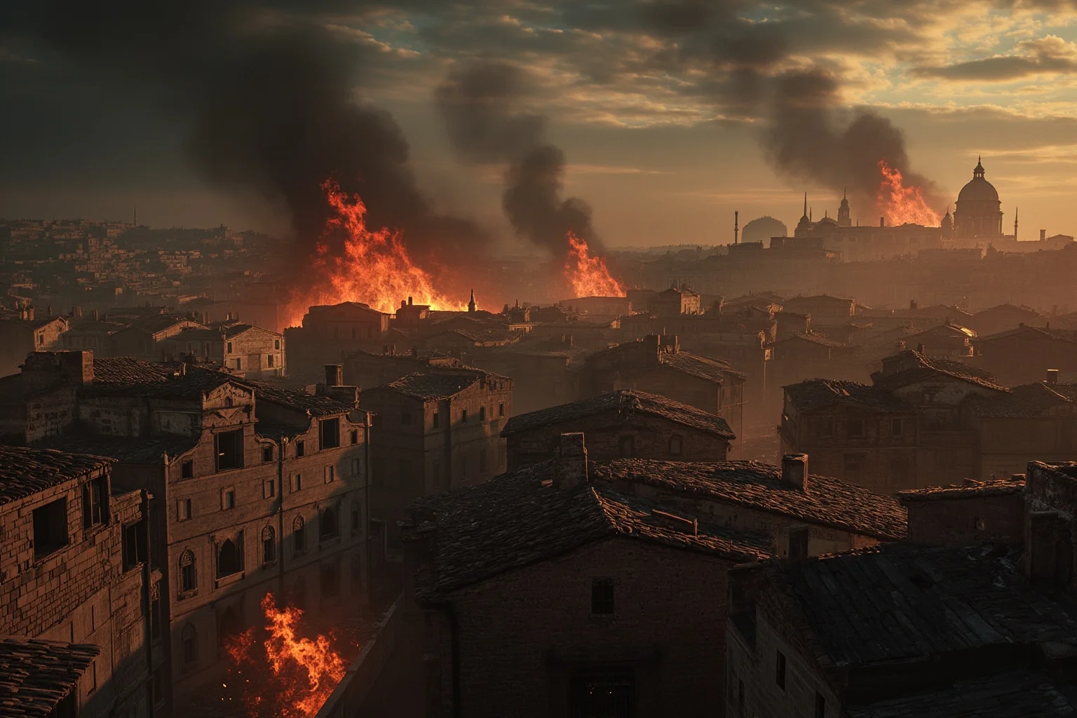 20 Famous Historical Quotes That Were Taken Out of Context 11 An ancient Roman cityscape with orange flames and smoke rising over stone rooftops under a dusky sky