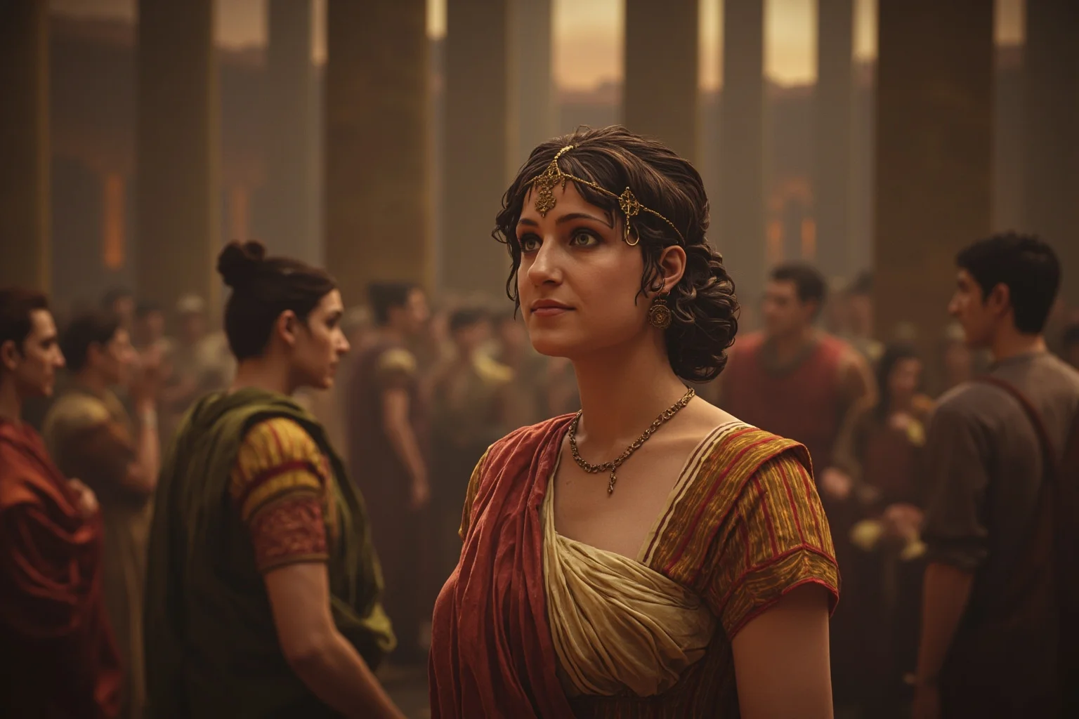 An ancient Roman imperial woman in formal dress observing a court gathering with quiet authority, illustrative style, non-photorealistic