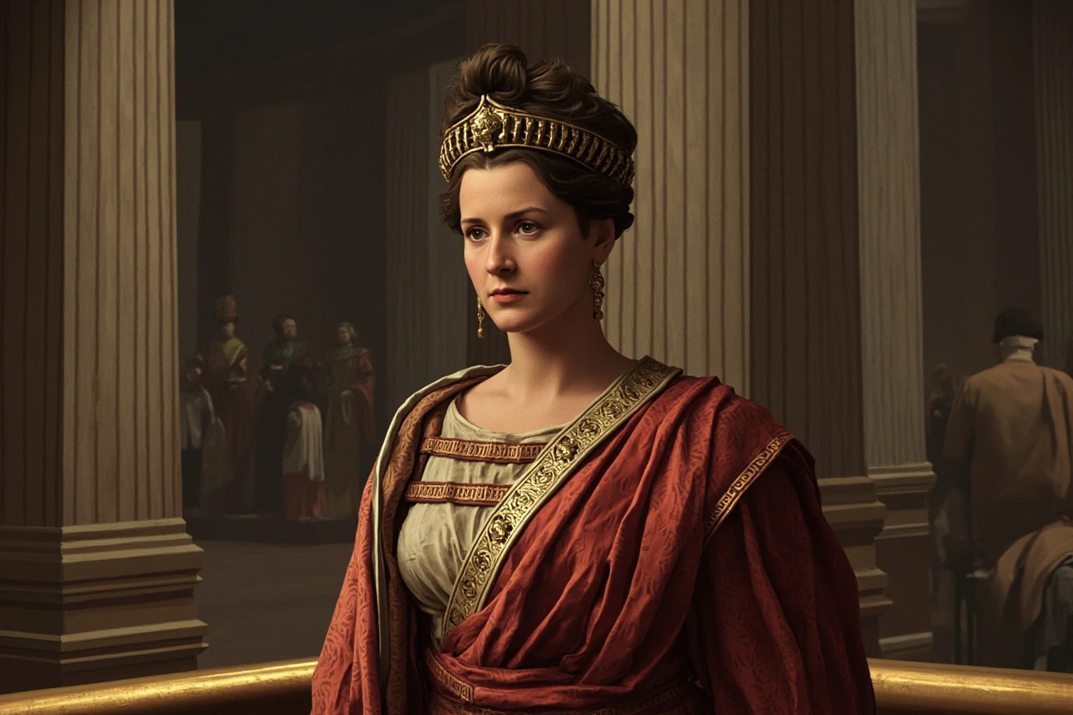 An ancient Roman noblewoman in stately robes standing near a senate chamber, subtle political intrigue, illustrative style, non-photorealistic
