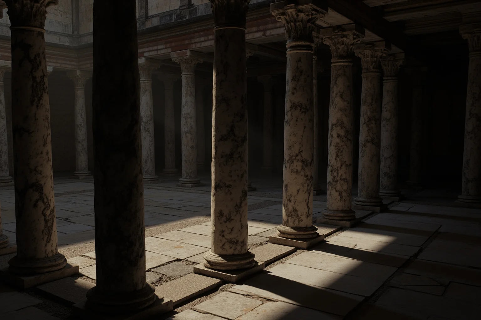 An ancient Roman senate hall with marble columns and dramatic shadows, evoking a historic assassination scene, no visible figures