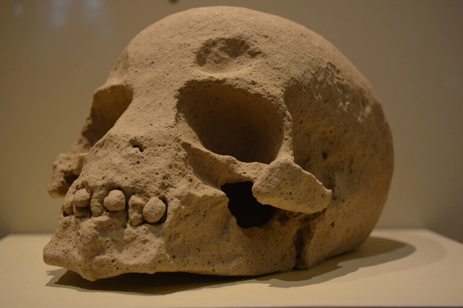 An ancient stone skull with a small trepanation hole, displayed in a museum-style setting