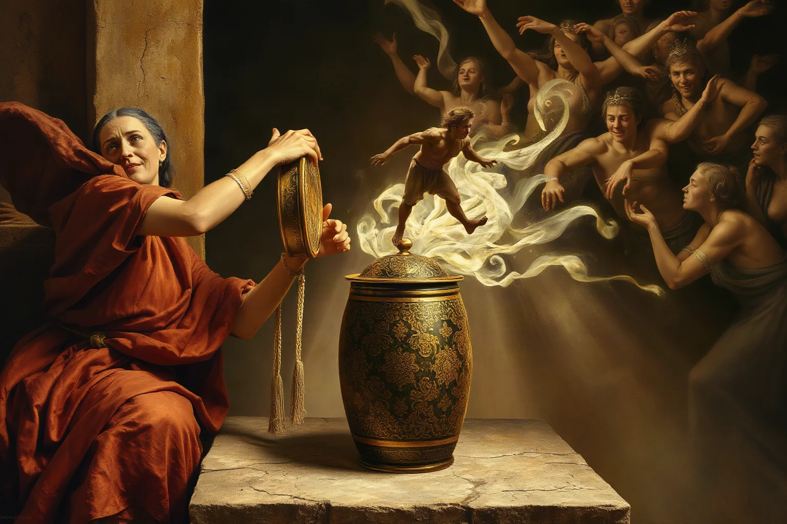 An ancient woman opening an ornate sealed jar as wispy shadowy figures escape into the air, classical painting style