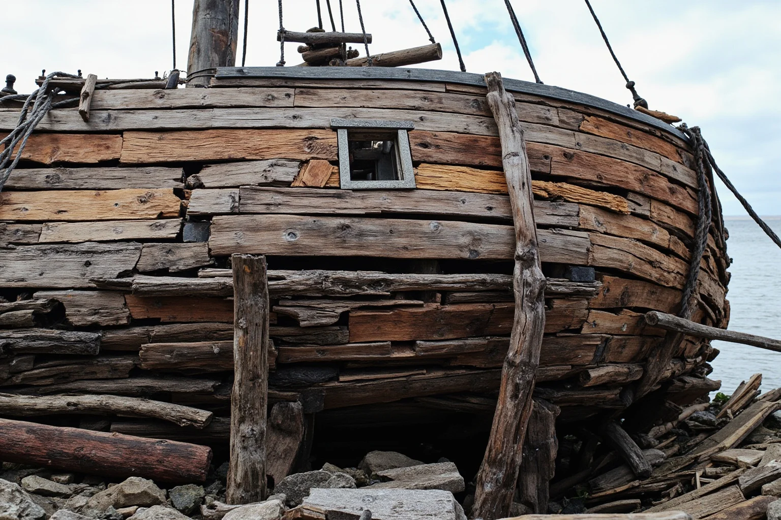 An ancient wooden ship on a dry dock with some planks old and weathered, others freshly replaced, symbolic illustration