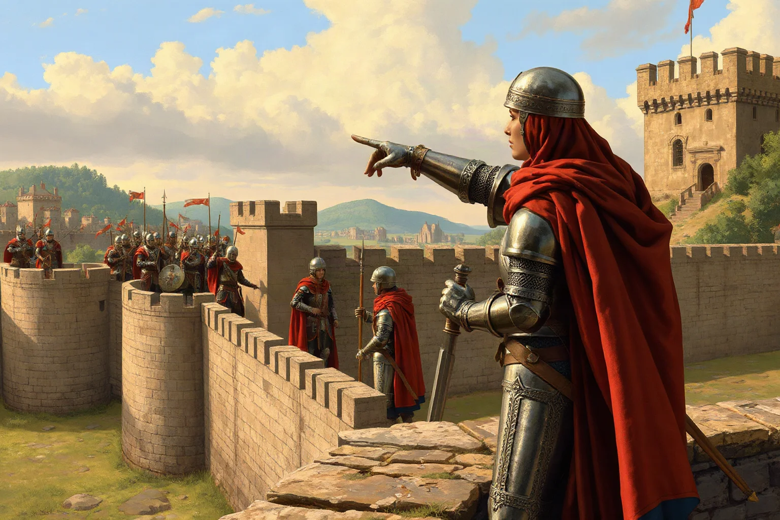 An Anglo-Saxon noblewoman in armor directing soldiers atop a fortified town wall, medieval historical illustration
