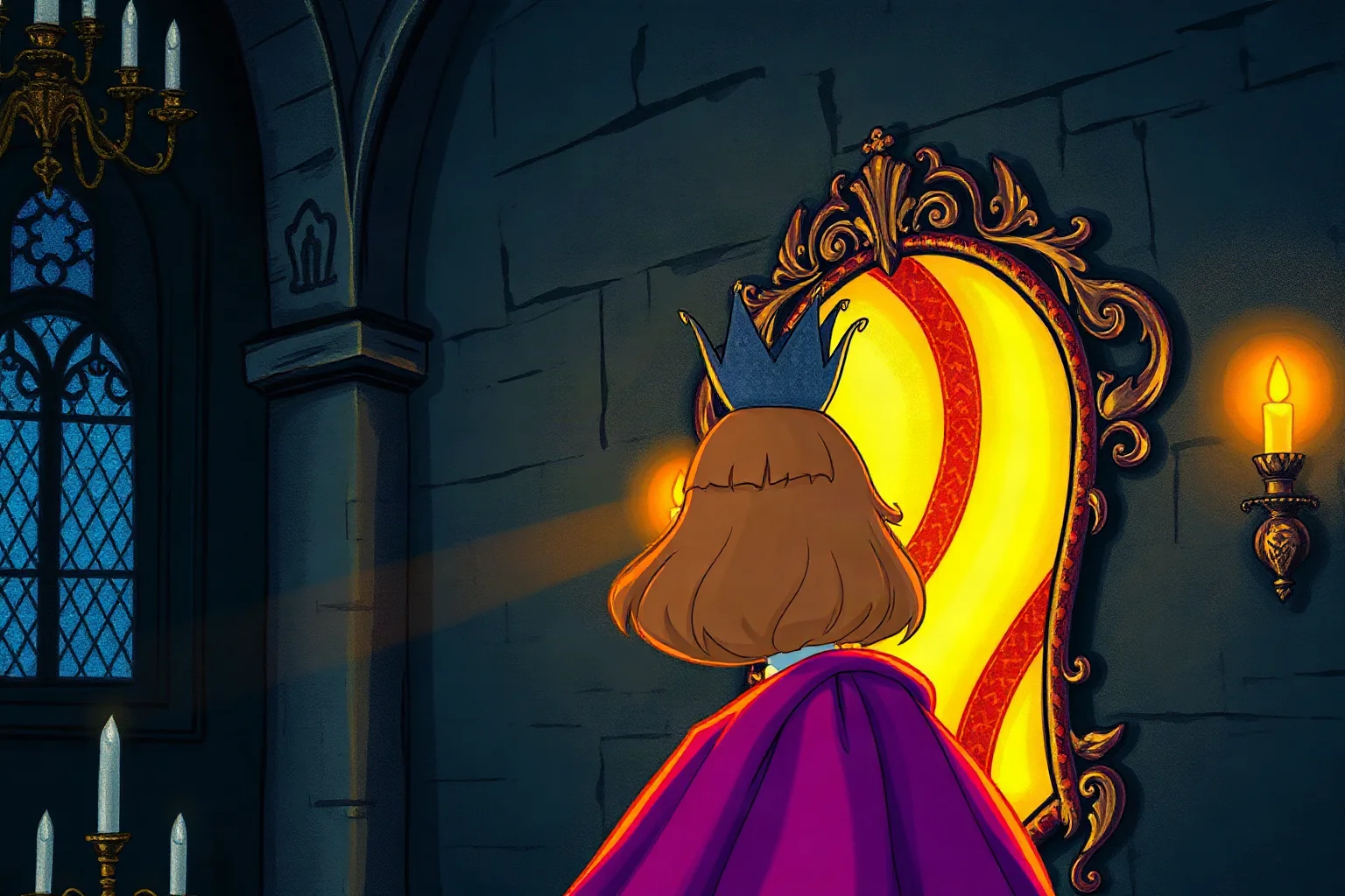 An animated fairy-tale queen in a dark castle chamber gazing into an ornate glowing wall mirror, storybook illustration style