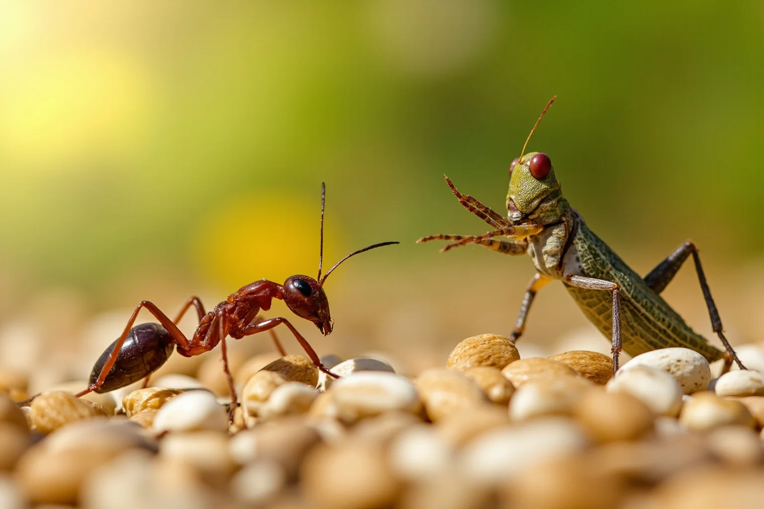 An ant busily storing grain and seeds for winter while a grasshopper plays music and relaxes in the summer sun