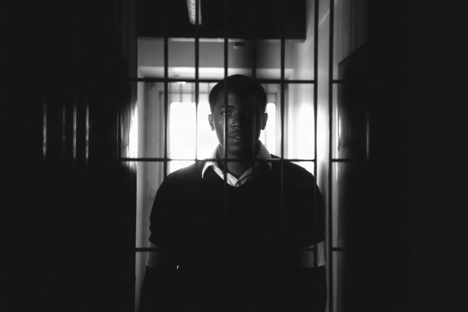 An anti-apartheid activist in a prison cell, with harsh lighting and prison bars creating stark shadows