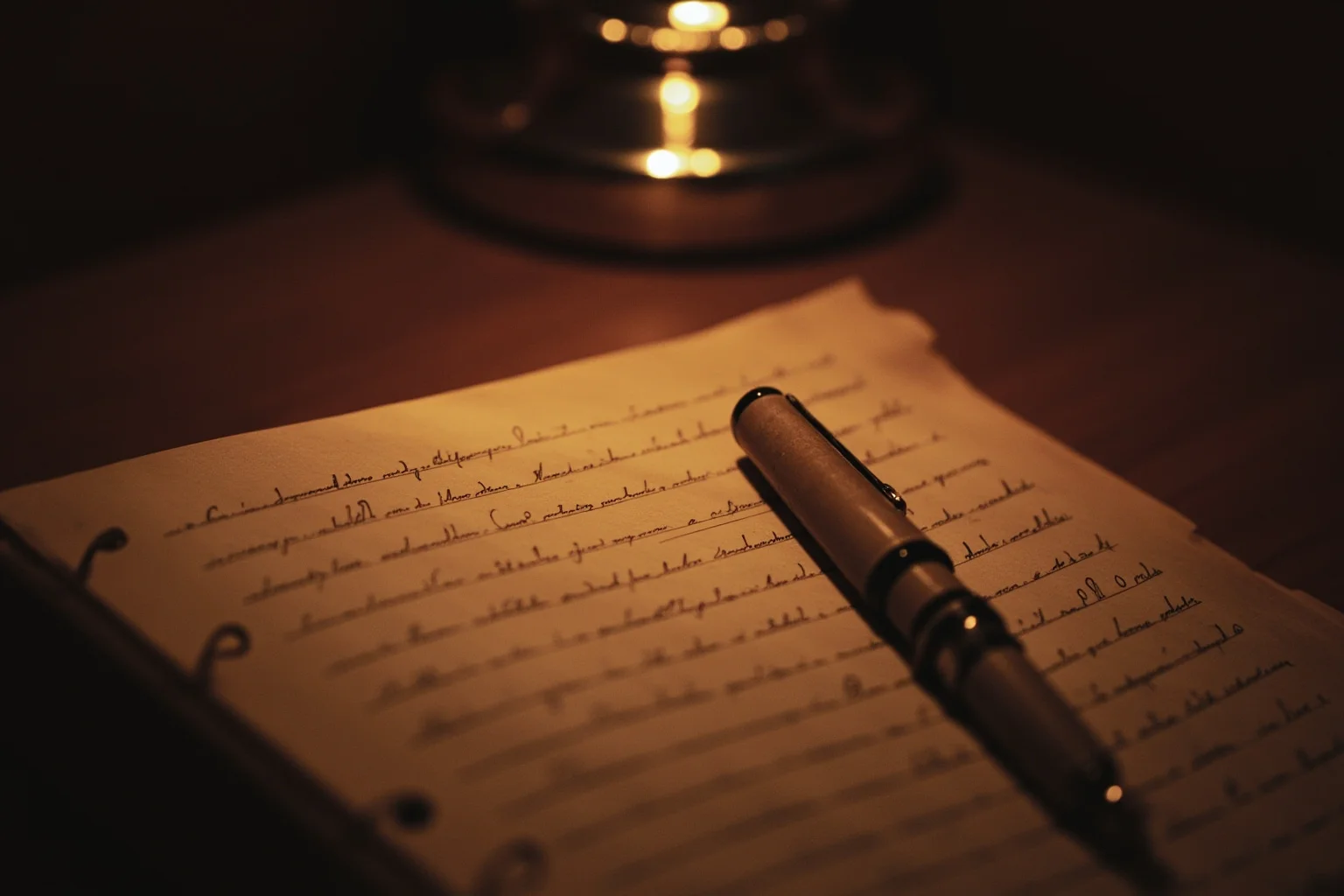 An antique diary and fountain pen resting on a wooden desk under warm lamp light