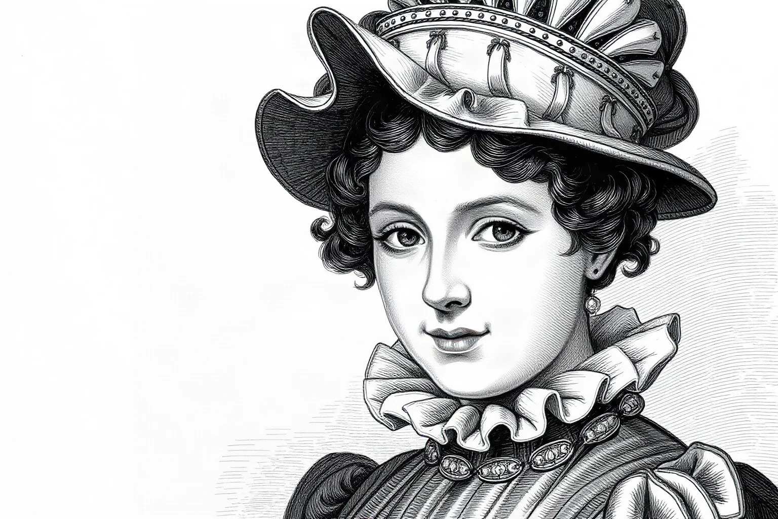 An antique engraved portrait style illustration of a young woman in elaborate 17th-century English dress and hat