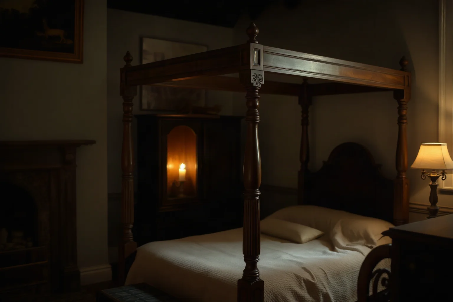 An antique four-poster wooden bed in a modest Elizabethan bedroom lit by candlelight