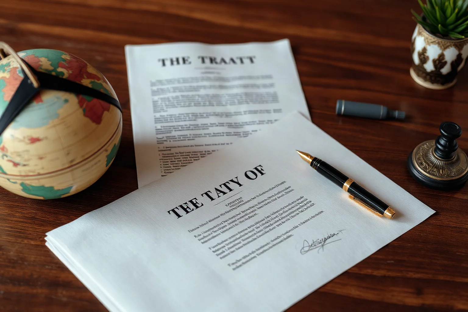 An antique globe and a folded treaty document beside a fountain pen on a wooden desk