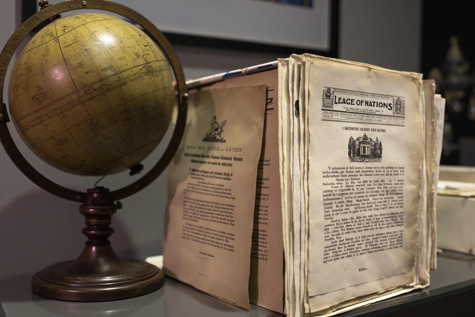 21 Beloved Historical Figures Who Are Controversial Today 8 An antique globe beside a stack of early 20th-century league-of-nations style documents, editorial history illustration