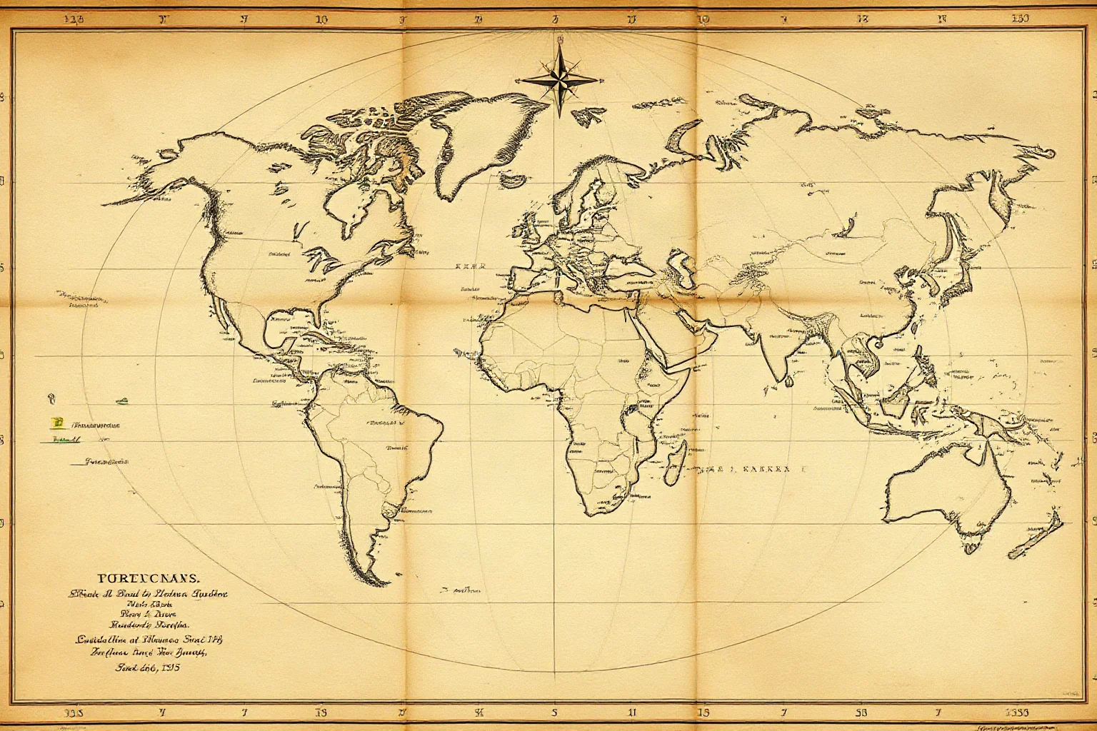 An antique hand-drawn world map using the Mercator projection with compass rose details
