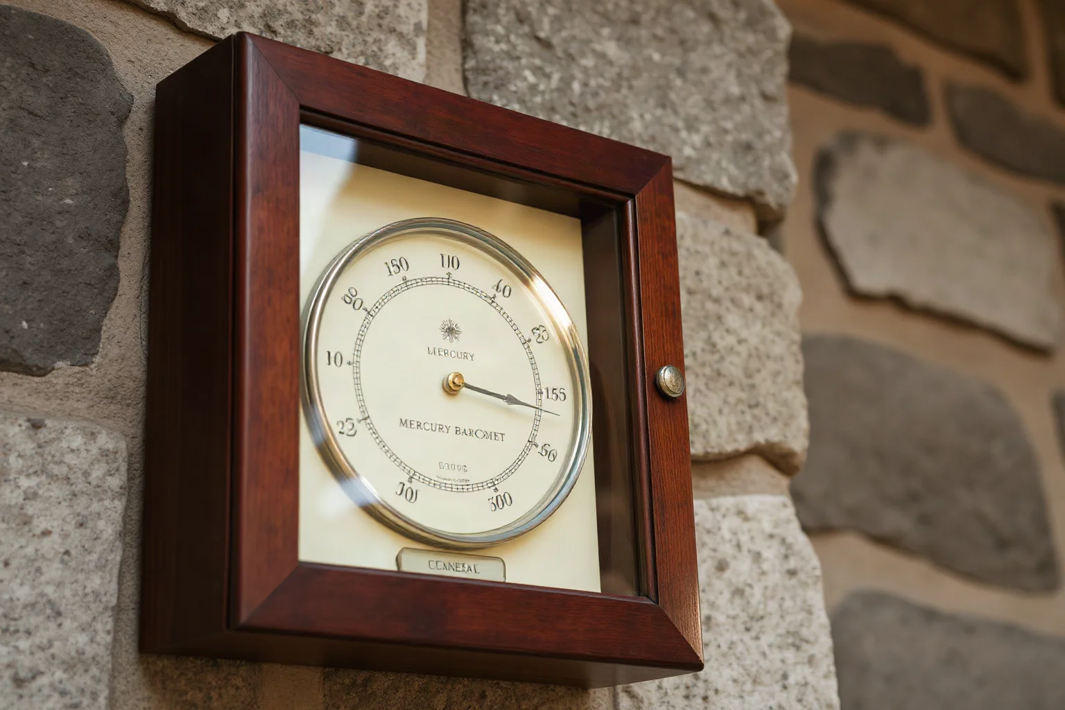 An antique mercury barometer in a wooden case mounted on a stone wall