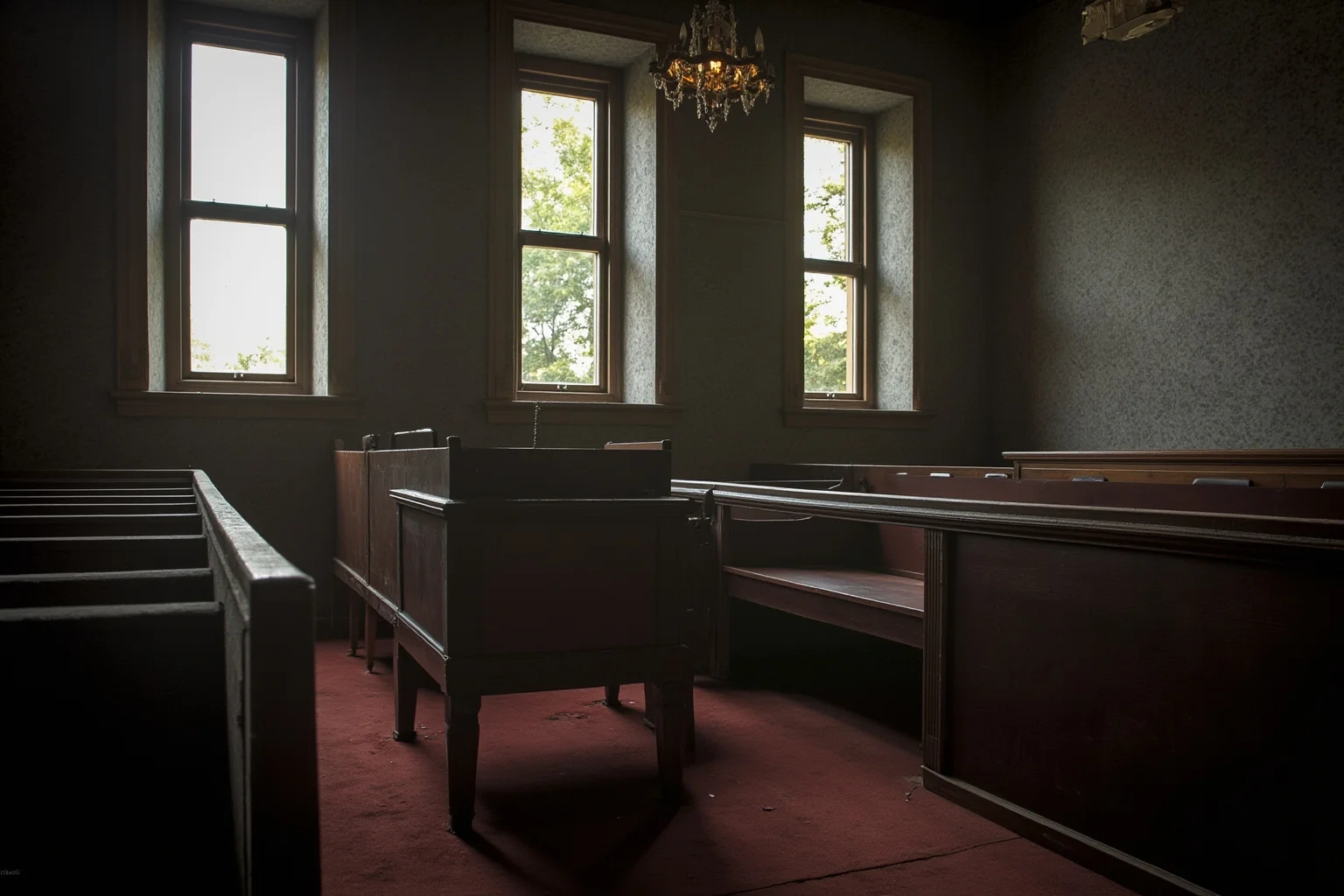 25 Disturbing Last Words By Notorious Criminals 22 An antique New Jersey courtroom interior from the 1930s, empty witness stand, dramatic natural light through tall windows