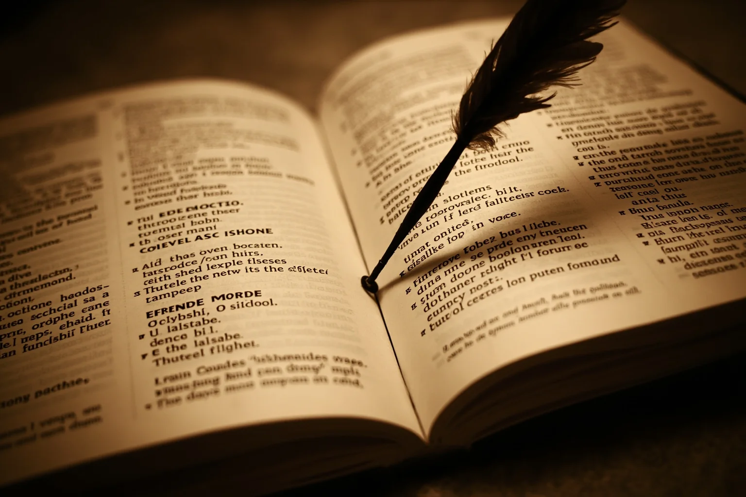 Familiars: The Long, Strange History of the Witch's Animal Companion 3 An antique open dictionary page with quill pen, evoking word origins and etymology, warm sepia tones