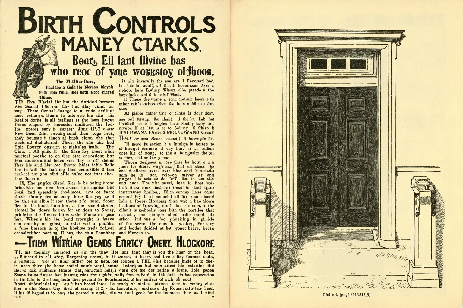 21 Beloved Historical Figures Who Are Controversial Today 16 An antique pamphlet and early 20th-century clinic doorway, symbolic of the early birth-control movement, editorial illustration