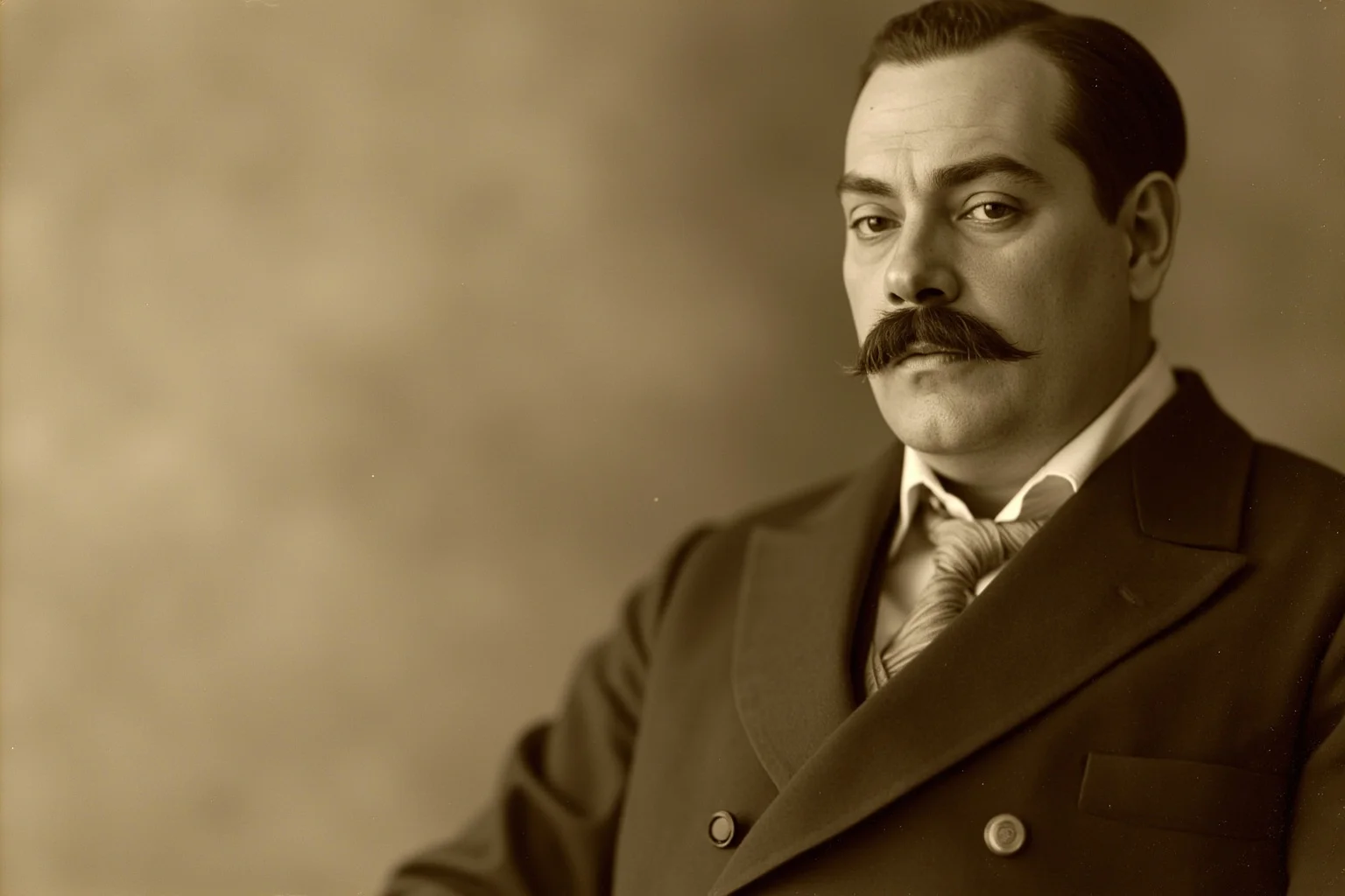 An antique sepia photo of a distinguished gentleman in an Edwardian suit and mustache