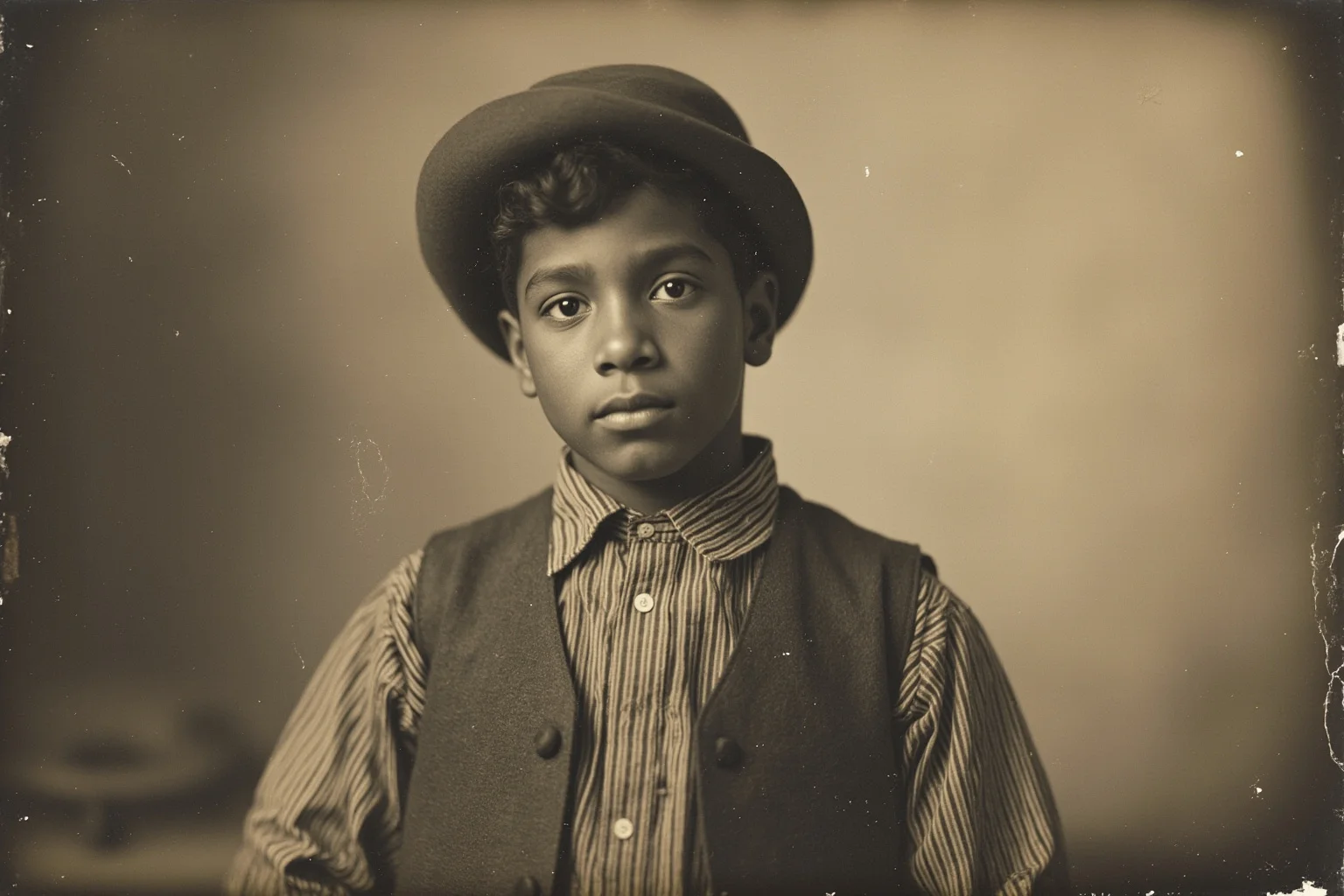 An antique tintype photo of a sturdy-looking young farmhand in early 1900s clothing