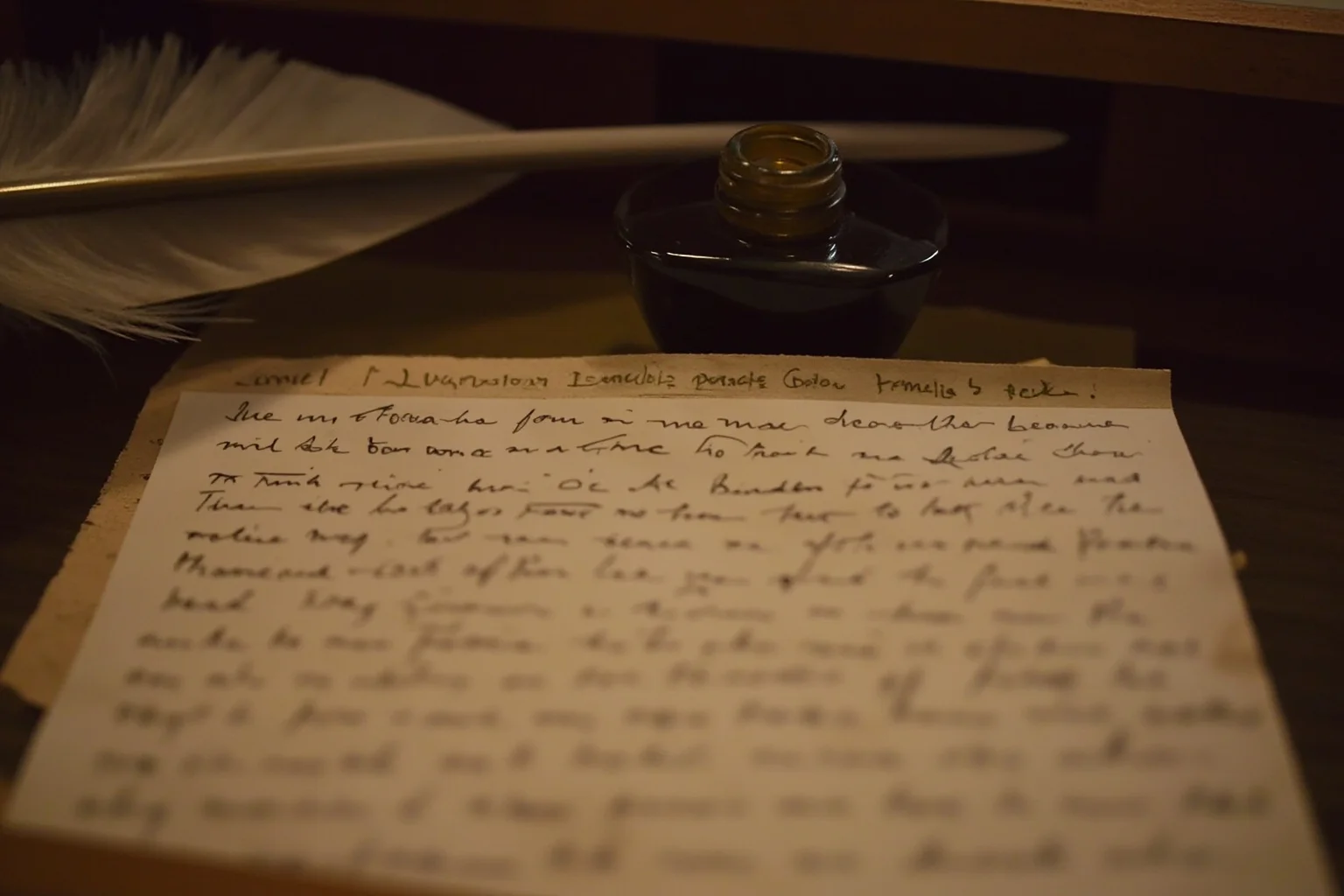 An antique writing desk with a quill, inkwell, and a delicate handwritten 19th-century letter on aged paper