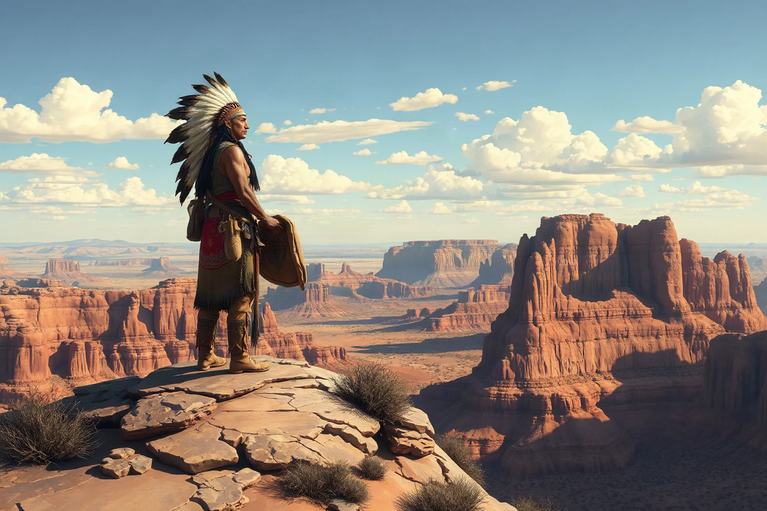 An Apache leader standing on a rocky desert overlook in Arizona, historical illustration style