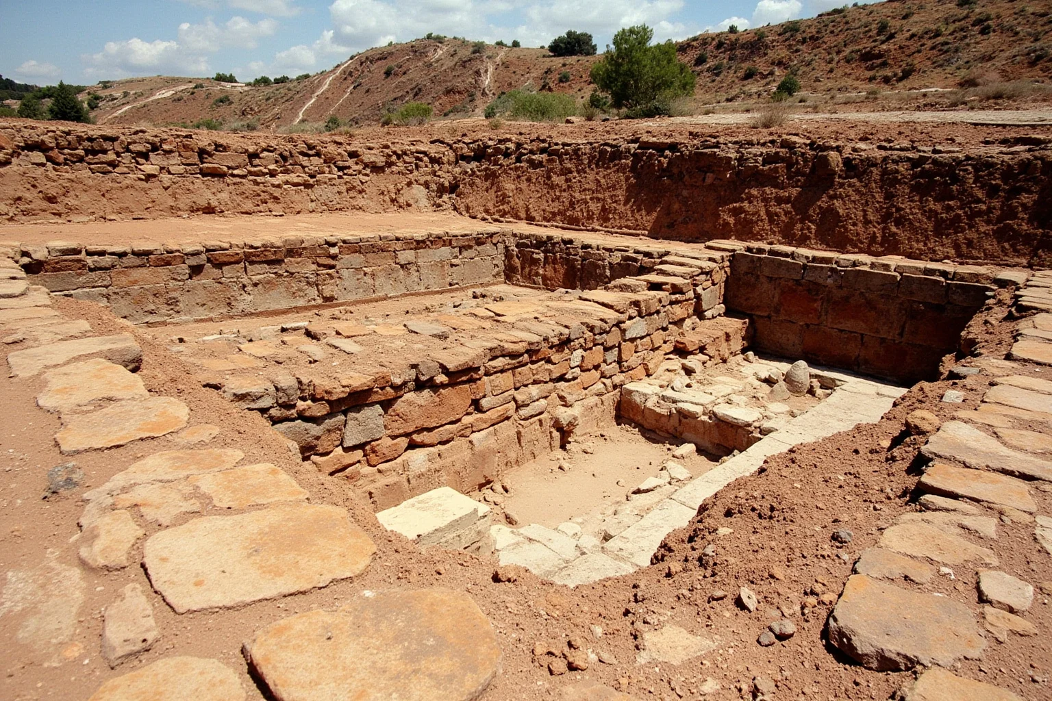 An archaeological excavation site at an ancient hill fortress with exposed stone foundations and layered earth walls, sunny daytime, historical dig atmosphere