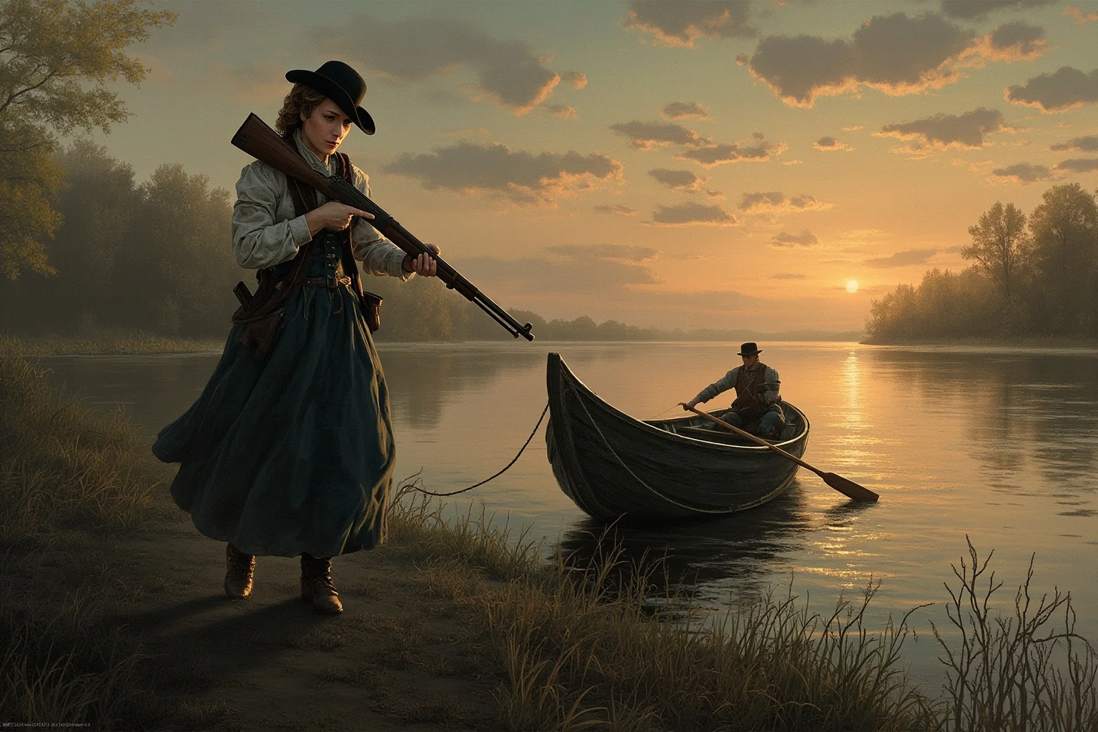 An armed woman in Civil War-era clothing leading a small boat along a riverbank at dusk, illustrated style