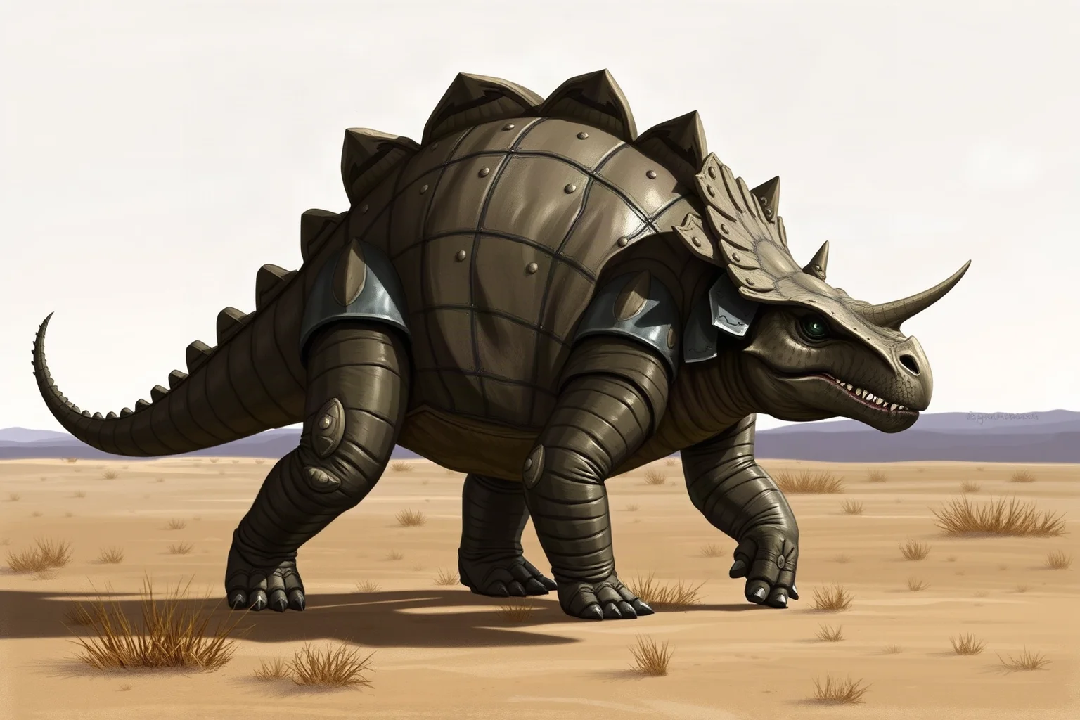 An armored Ankylosaurus walking slowly across a plain with its tail club visible, realistic paleoart style