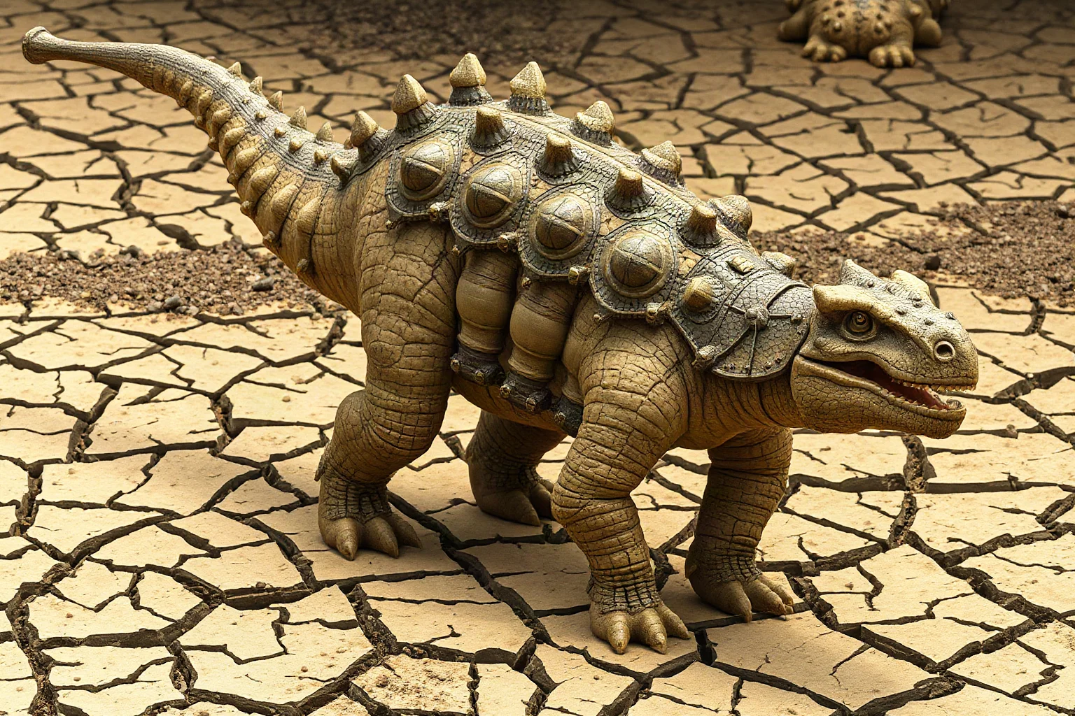 An armored Ankylosaurus with a heavy tail club walking across dry cracked ground
