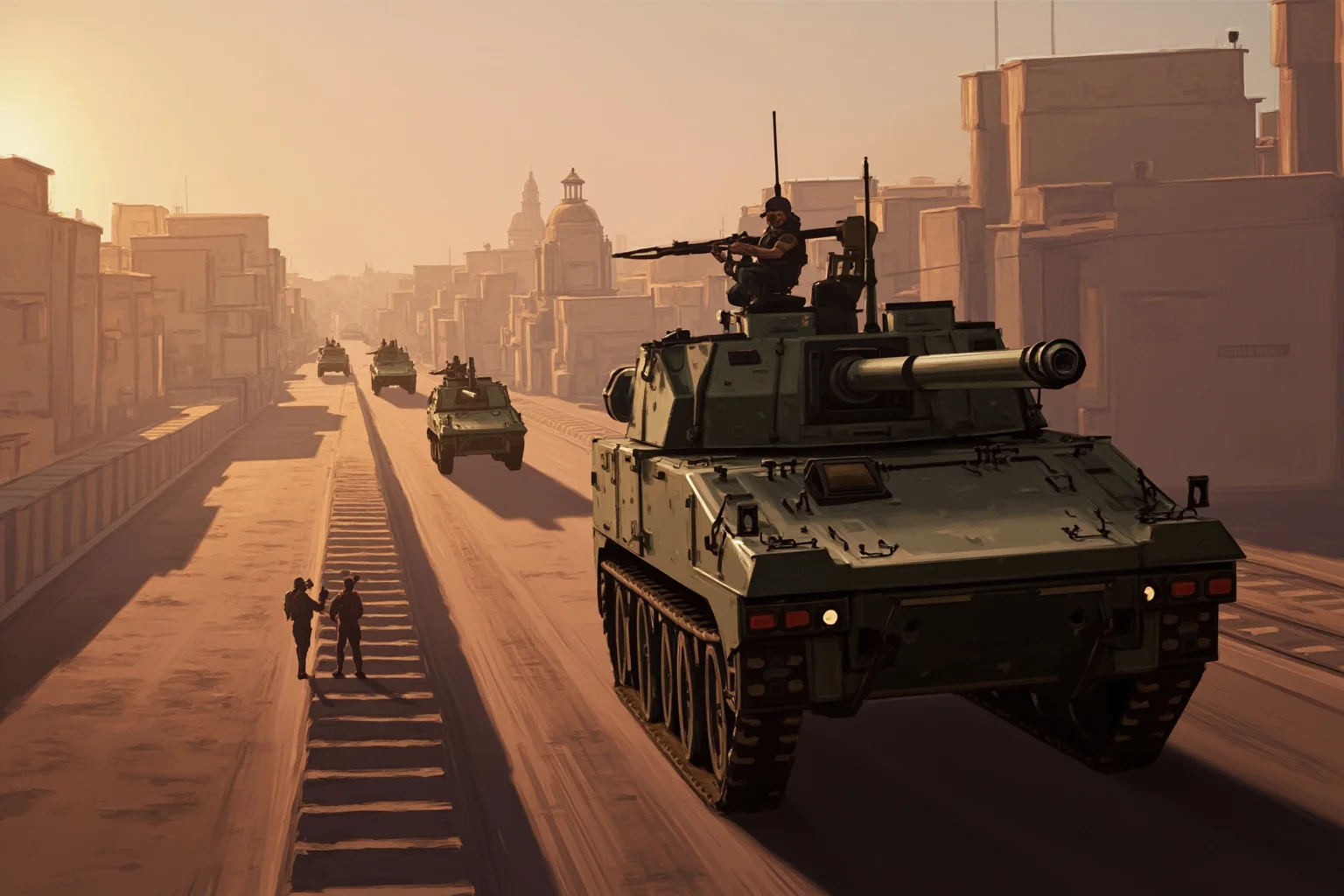 Memorable Moments Of Friendly Fire Throughout History 20 An armored convoy moving through a sandy urban landscape at dusk, generic modern military illustration