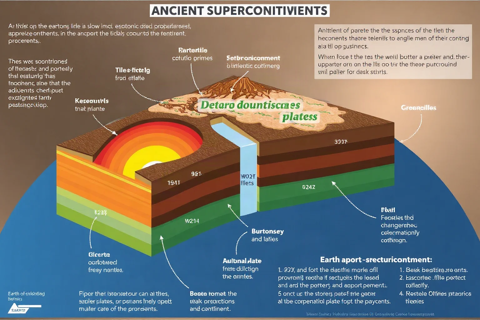 An artistic cross-section diagram of Earth's tectonic plates and mantle showing the slow movement that formed and broke apart ancient supercontinents, in a clean educational infographic style
