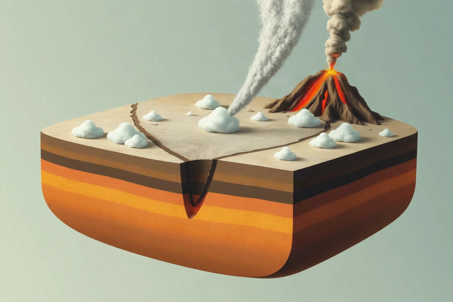 An artistic cross-section illustration of volcanic ash and gas particles rising into the stratosphere and spreading around a globe, muted educational colors