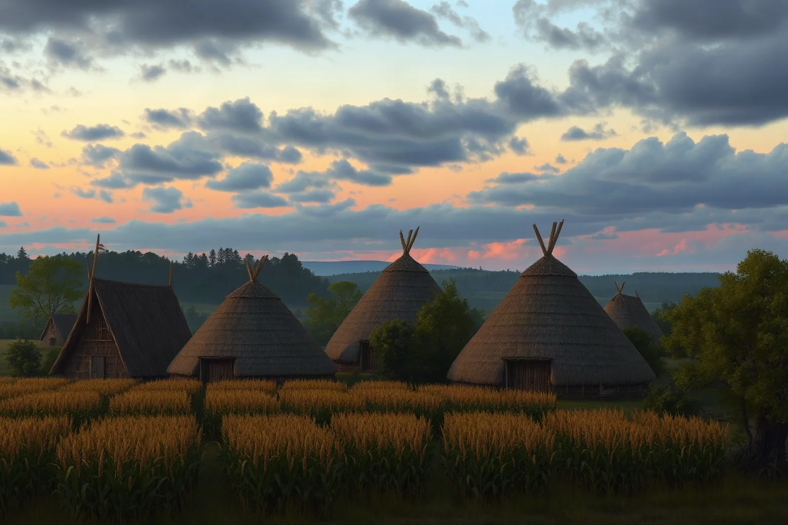 An artistic depiction of a 1590s Powhatan village with longhouses and cornfields at dusk, historical illustration style