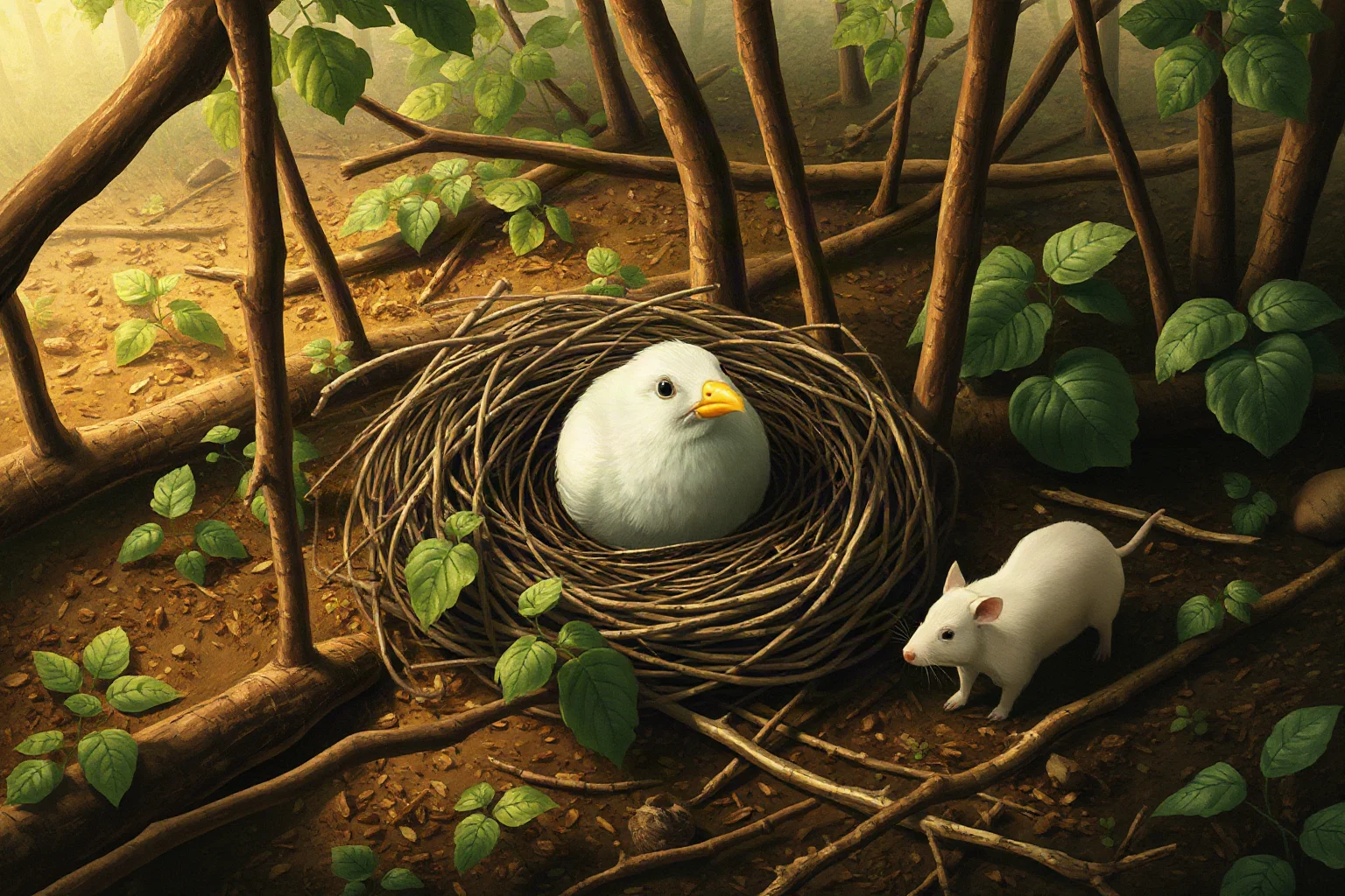 An artistic depiction of a dodo bird's nest on the forest floor being approached by small mammals like rats and pigs, symbolizing invasive species threats.