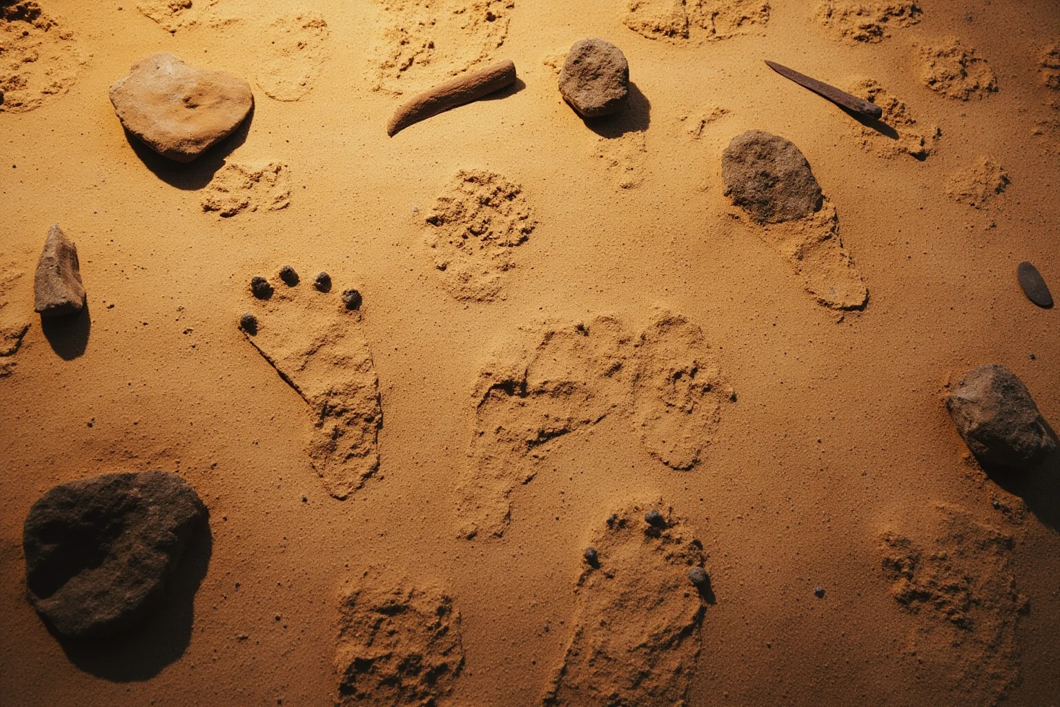 An artistic depiction of ancient footprints and simple tools on a prehistoric landscape, symbolizing early human migration to the Americas