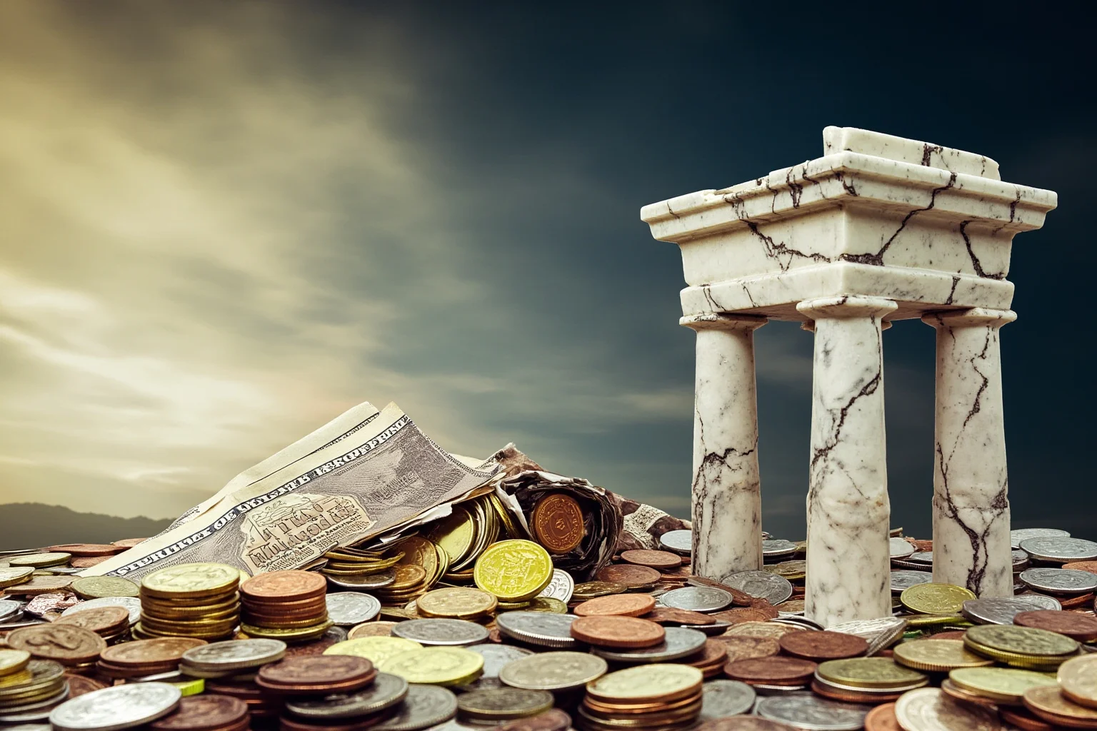 An artistic depiction of overflowing treasury coins and ledgers beside a half-built marble monument, symbolic style