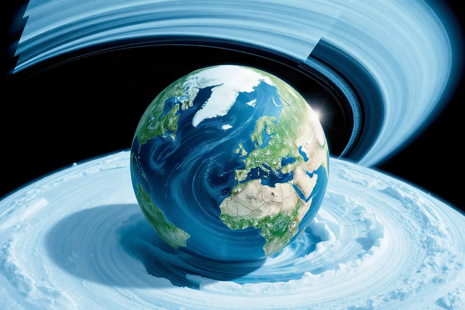 An artistic diagram showing swirling wind and ocean currents around a partially frozen globe