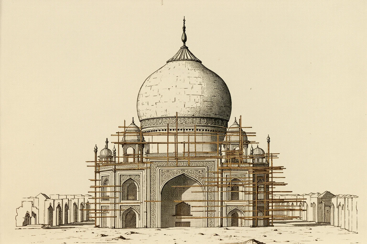 An artistic illustration of the Taj Mahal's white marble dome under construction with wooden scaffolding, 17th-century style