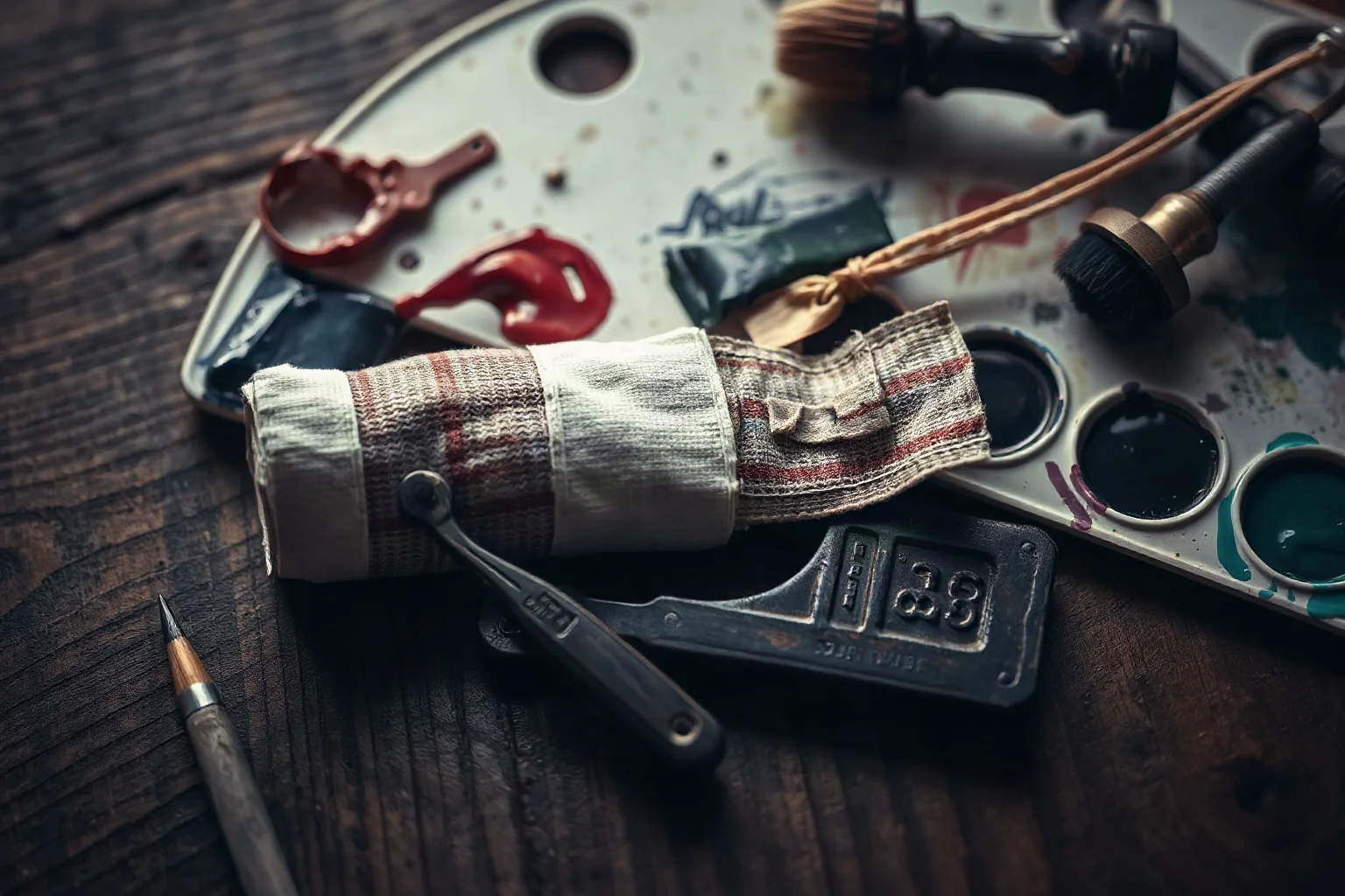 An artistic, non-photorealistic rendering of an old bandage and a vintage razor resting on a wooden table beside a paint palette, symbolic and somber in tone