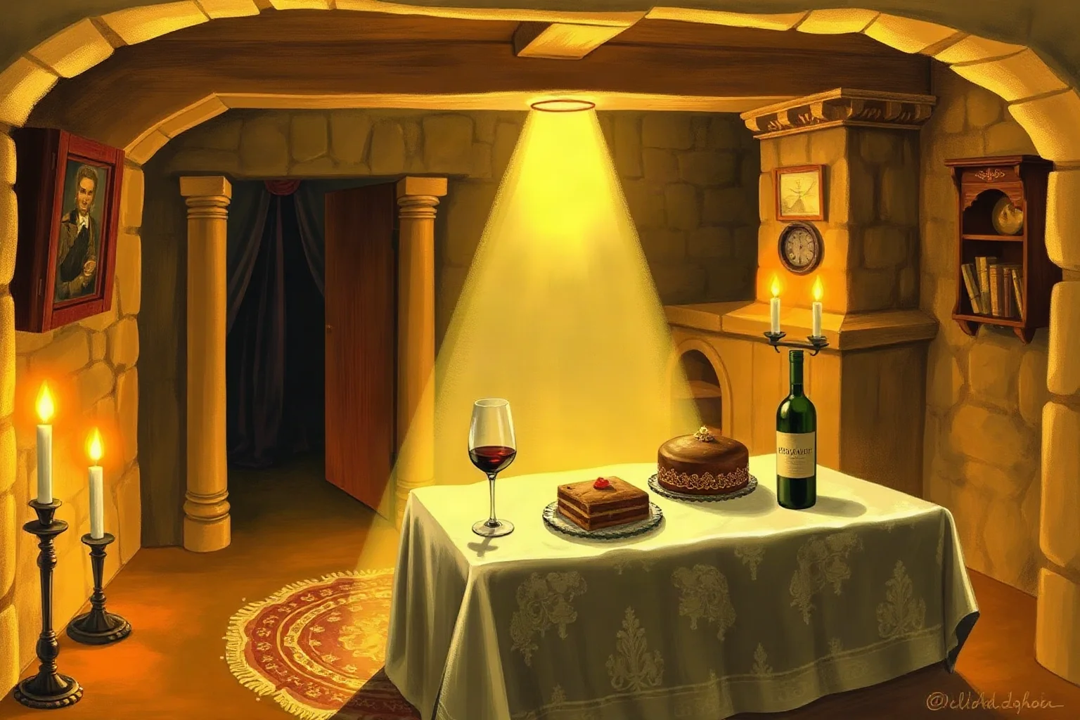 An artistic rendering of a candlelit basement room with wine and cakes on a table, symbolic of a historical conspiracy