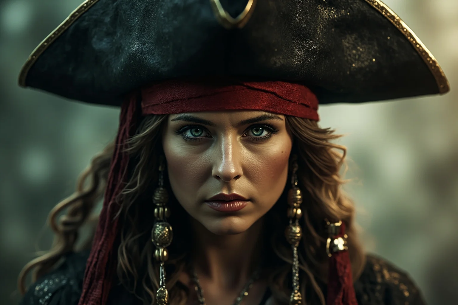 An artistic rendering of a legendary female pirate lord inspired by folklore, in a fantasy pirate film style