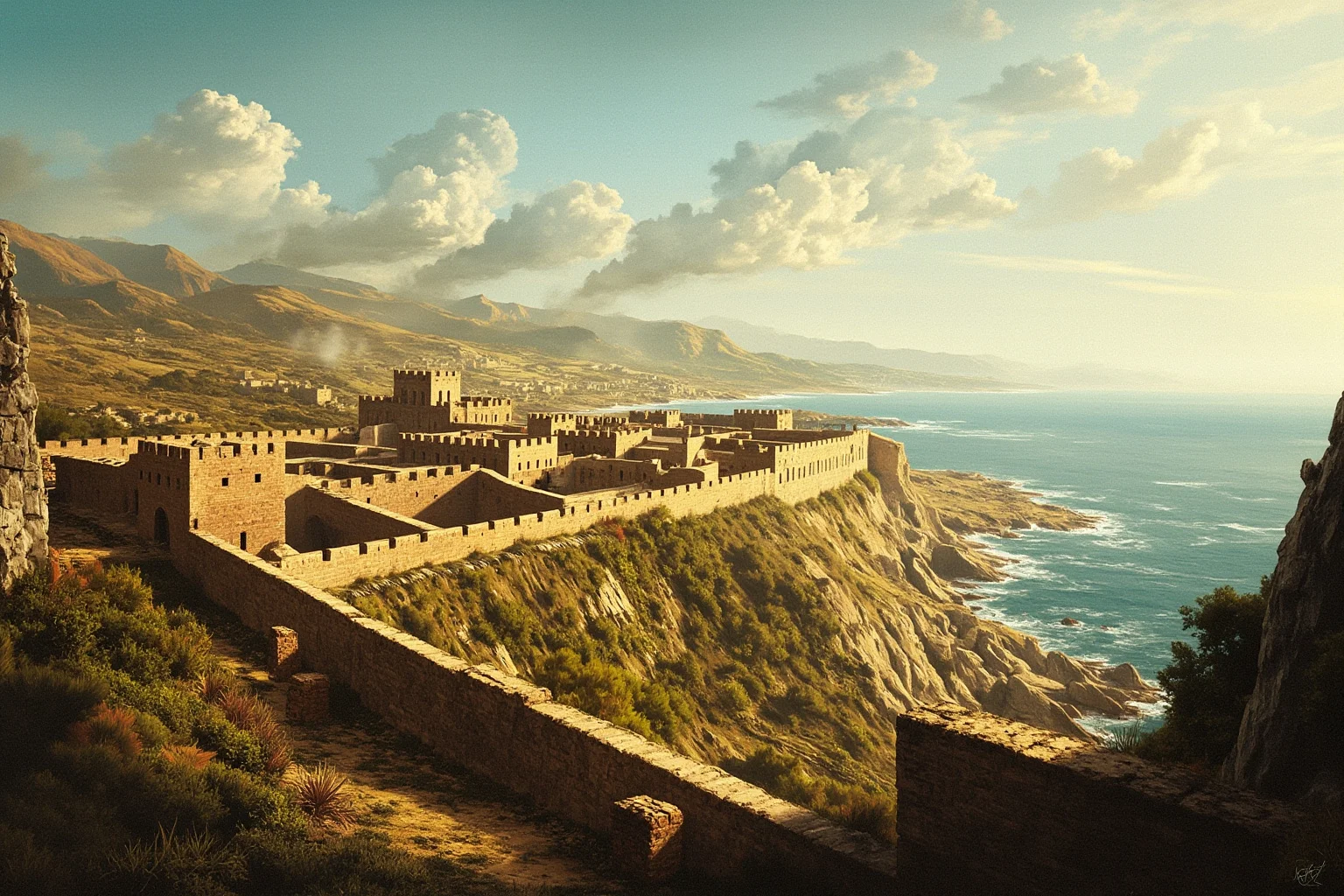 An artistic rendering of an ancient Bronze Age walled city on a coastal hill, with smoke rising in the distance, painterly historical illustration style