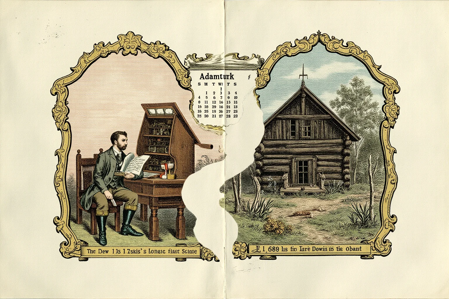 Galileo, Harvard, and 20 Other Unlikely Simultaneous Historical Events 3 An artistic split-image illustration showing a 19th-century naturalist's study on one side and a log cabin on the other, connected by a calendar page