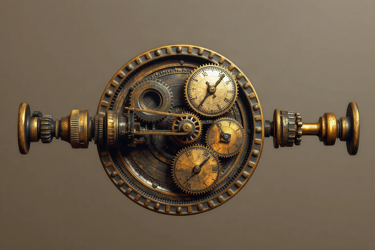 An artist's cutaway illustration of an ancient Greek bronze mechanical device showing layered gear wheels and dial faces