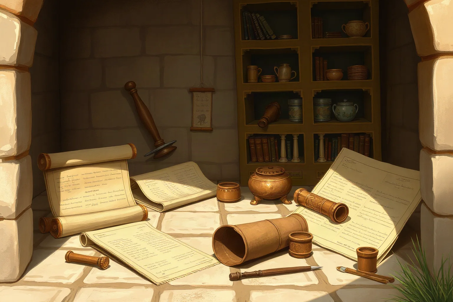 An artist's illustration of an ancient Greek physician's tools and scrolls in a simple stone home, evoking a scholarly household