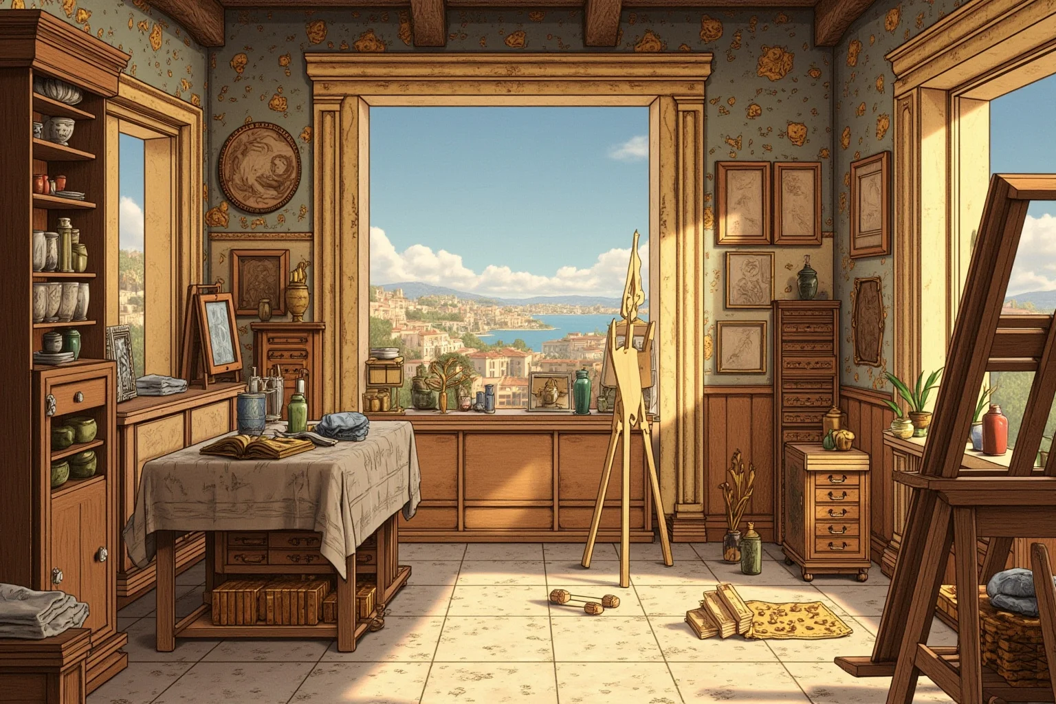 An artist's studio in ancient Greece with an easel and painting supplies, classical illustration style