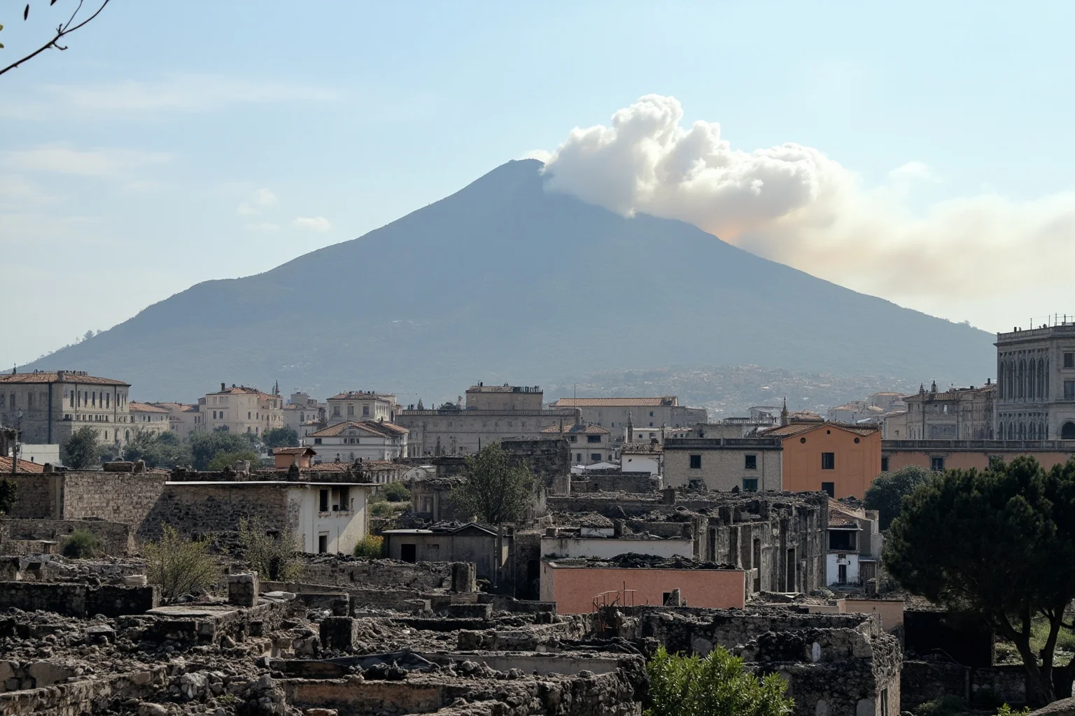 An ash-covered ancient Roman town with a smoking volcano in the background