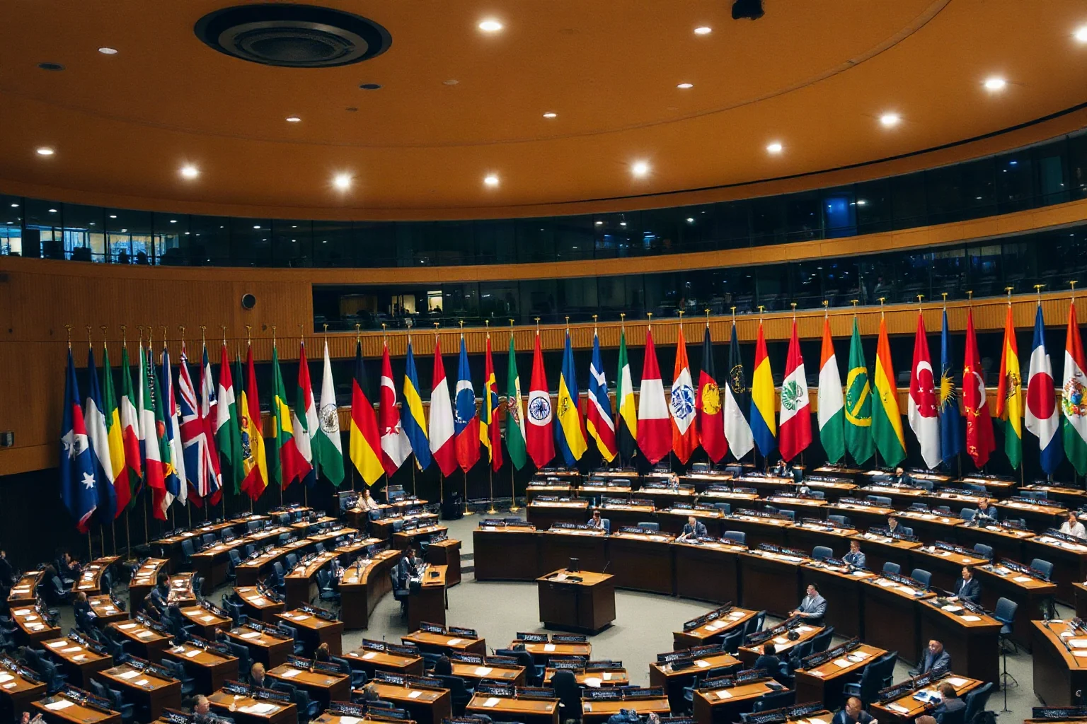 An assembly hall with flags of many nations, evoking the founding of a new international organization
