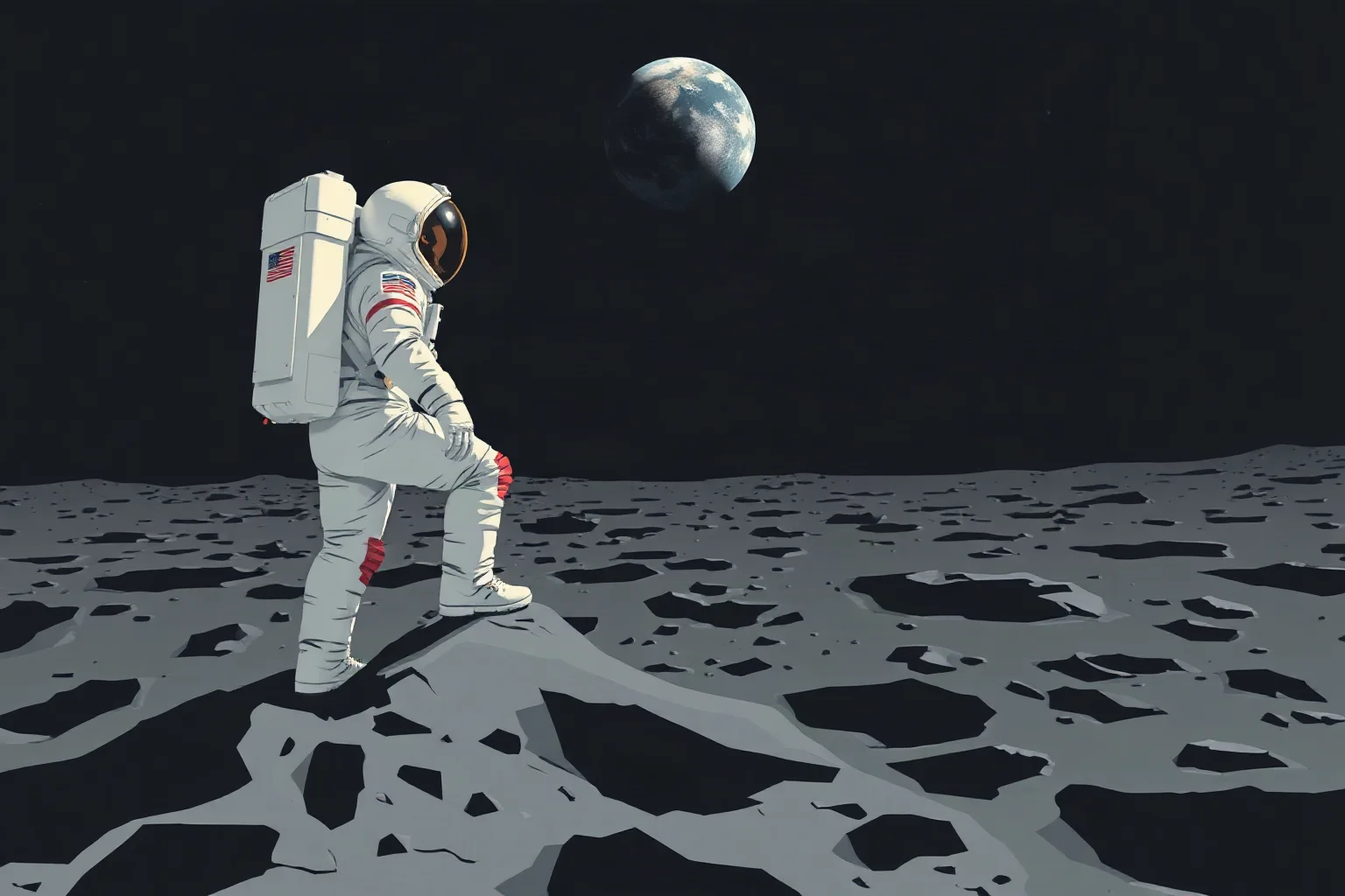 An astronaut in a bulky white spacesuit taking a step onto a cratered gray lunar surface, with Earth visible in the black sky above, retro space-age illustration style